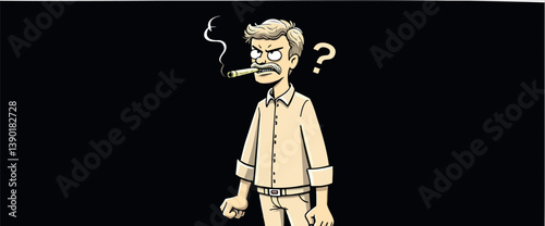 pensive cartoon man smoking cigar