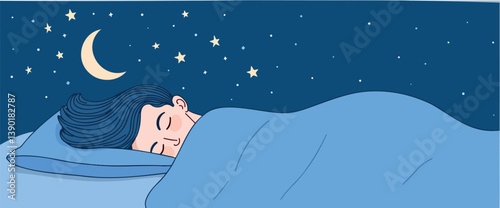 person peacefully sleeping under a soft blue blanket at night