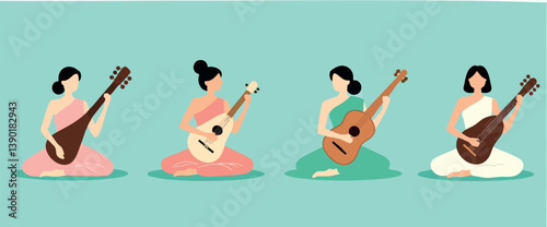 four women sitting -legged and playing different stringed instruments