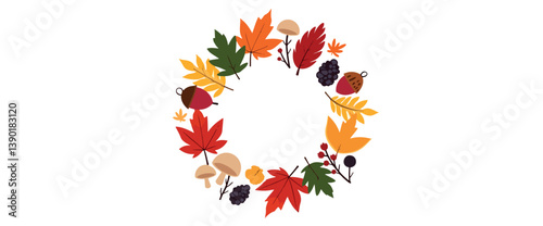 circular autumn wreath of colorful leaves acorns and mushrooms.