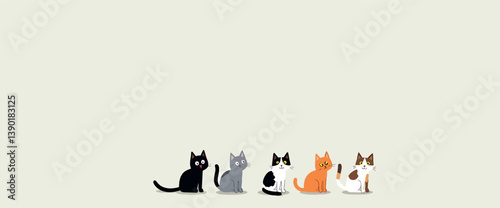 five adorable cats sitting in a row