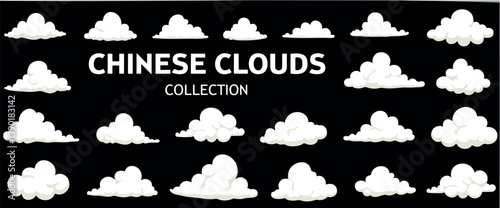 collection of twenty-four unique cartoon clouds in white on black background