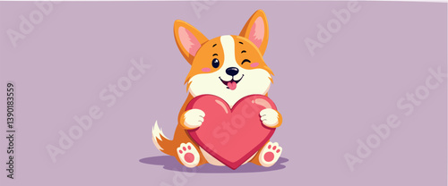 cheerful corgi dog holding a big red heart