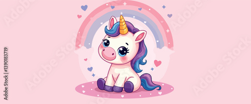 adorable baby unicorn sitting before a pastel rainbow