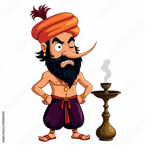 cartoon of a man with a large nose and beard wearing traditional clothing standing near a smoking hookah.