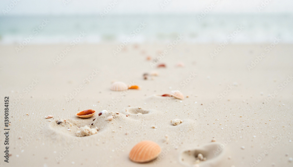 Seashells scattered on white sand beach, calm morning ambiance Seashells scattered on white sand beach, calm morning ambiance
