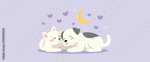 sweet cat and dog sleeping together under the night sky