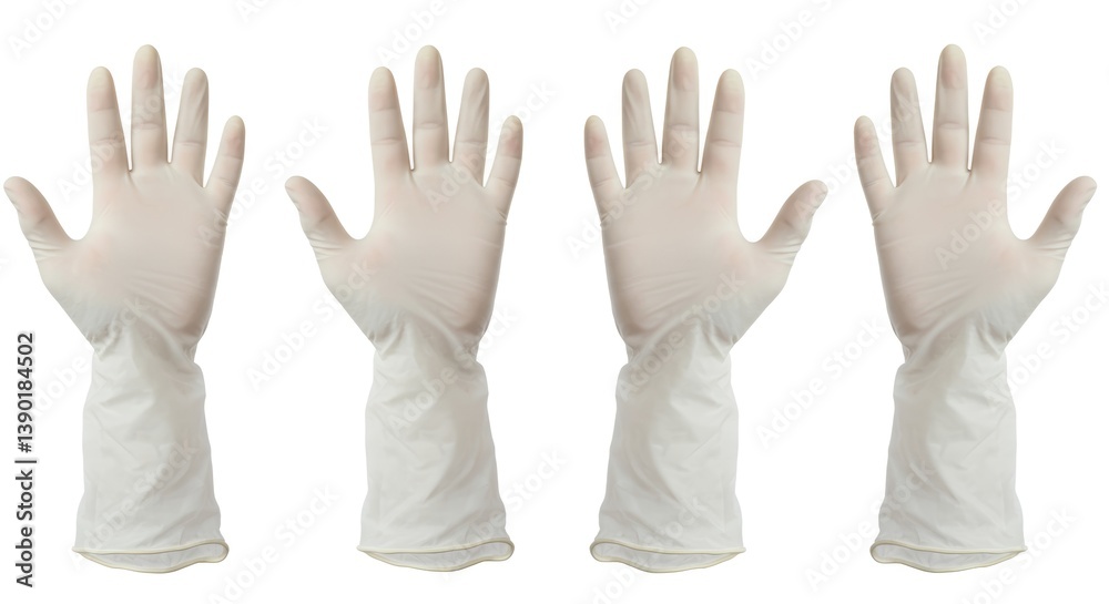 Obraz premium Four pairs of examination gloves presented against a stark, clean white backdrop