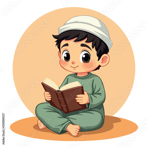 cheerful young boy in a green outfit and white cap is sitting on the floor deeply engrossed in reading a book.