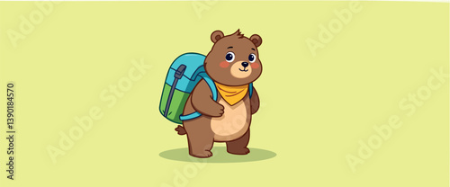 cheerful brown bear ready for an adventure with a backpack
