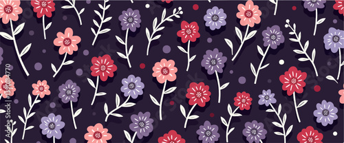 vibrant floral with red pink and purple flowers on dark background