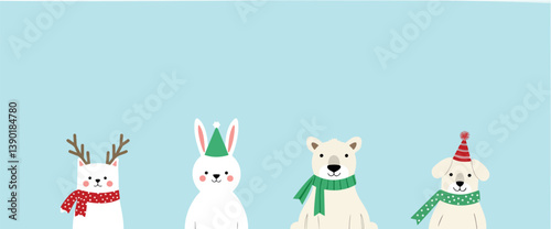four adorable winter animals dressed in festive attire against a light blue background