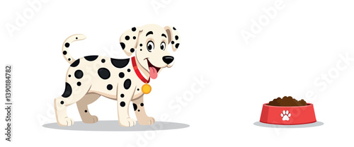 happy dalmatian puppy awaits its meal in a red bowl
