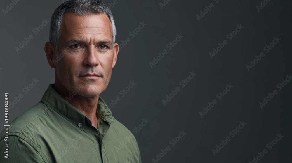 Portrait of a Serious Middle-Aged Man with Graying Hair, Wearing an Olive Green Shirt Against a Dark Gray Background Portrait of a Serious Middle-Aged Man with Graying Hair, Wearing an Olive Green Shirt Against a Dark Gray Background