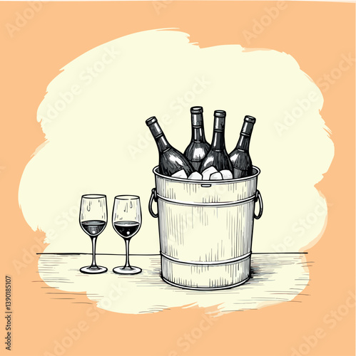 four wine bottles in a metal ice bucket with two wine glasses