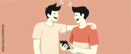 two smiling men share a mobile phone displaying a friendly connection