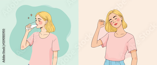 young woman with blonde hair in two poses one drinking milk and one relaxing with eyes closed