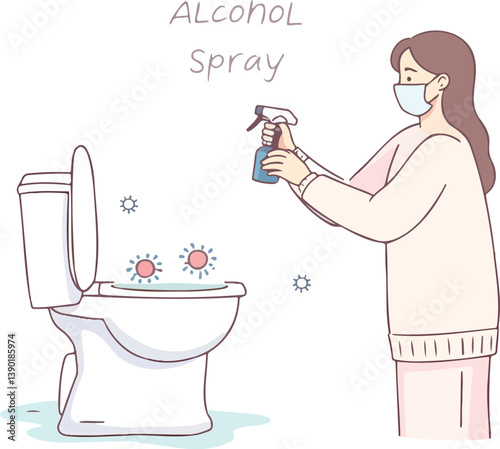 woman in facemask sanitizing toilet bowl with alcohol spray
