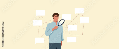 man uses a magnifying glass to examine interconnected ideas represented by speech bubbles.