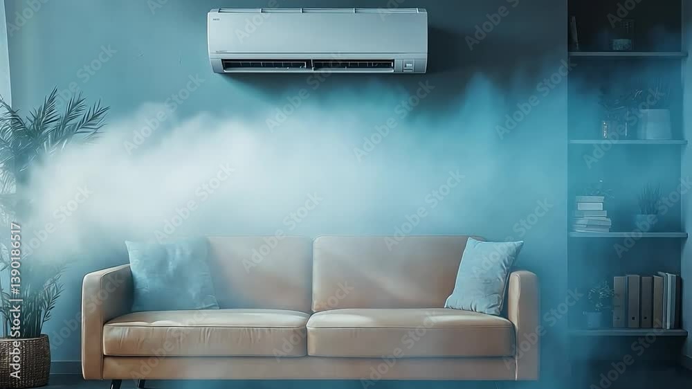 Cool Comfort: An air conditioning unit installed in a modern living room, its refreshing cool air cascading over a stylish sofa, creating a serene and comfortable atmosphere.