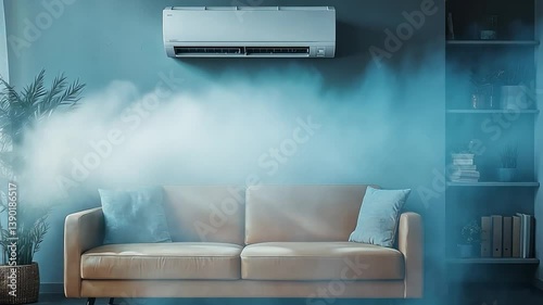 Cool Comfort: An air conditioning unit installed in a modern living room, its refreshing cool air cascading over a stylish sofa, creating a serene and comfortable atmosphere. photo