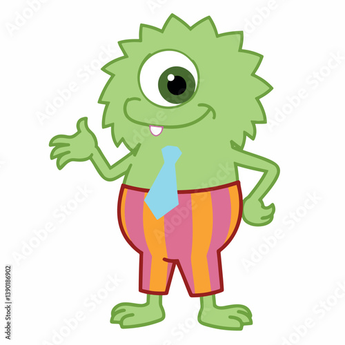 friendly one-eyed green in striped pants and a tie