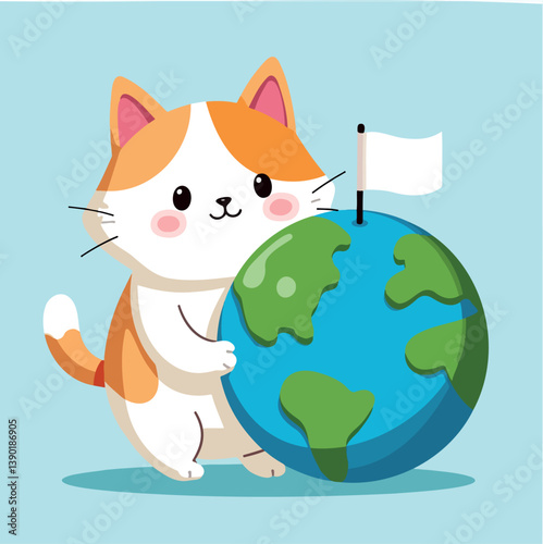 adorable cartoon cat holding a globe promoting environmental awareness