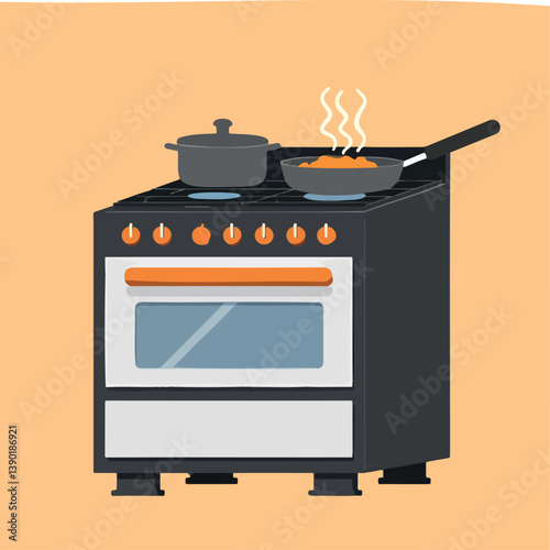 modern dark-grey kitchen range with accents showing a pot and frying pan on the burners.