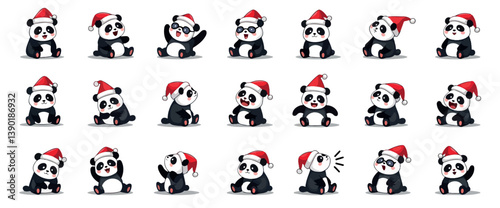 twenty-four cheerful cartoon pandas in santa hats