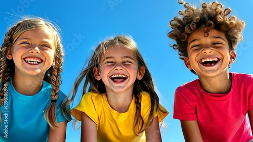 Three cheerful preschoolers, two girls with braided hair and a boy with tousled curls, giggling together under a bright blue sky, sunlight illuminating their happy faces.