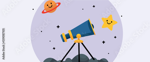cheerful cartoon telescope gazing at a smiling star and planet in space