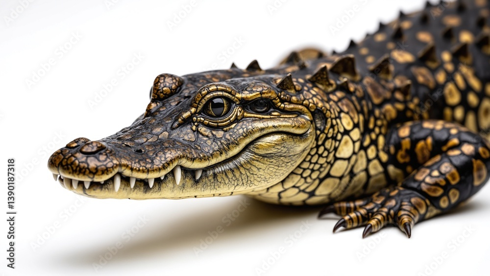Fototapeta premium Baby Alligator Close-up Posing on White Background Captivating Wildlife Portrait