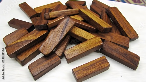 Wooden Block Puzzle Game Pieces Scattered on White Background