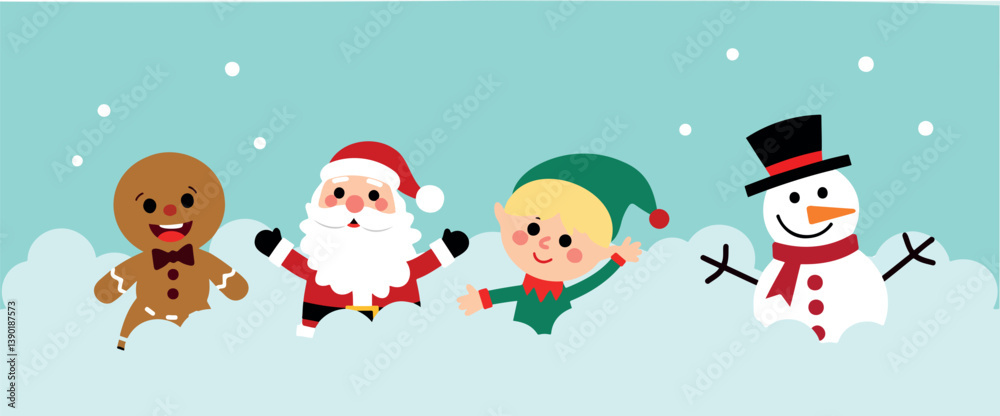 Fototapeta premium playful christmas characters: gingerbread man santa claus elf and snowman in snowy scene
