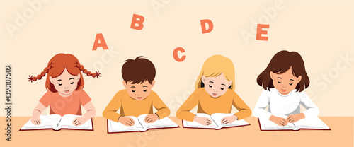 four focused children attentively reading books in a classroom setting