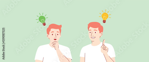 two young men thoughtfully brainstorming generating innovative ideas