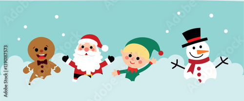 playful christmas characters: gingerbread man santa claus elf and snowman in snowy scene