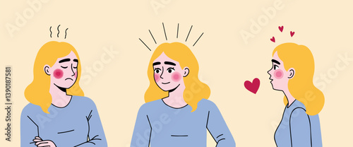 young woman showcasing a progression of emotions from sadness to happiness and love