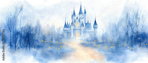 Ethereal castle surrounded by mist and glowing fireflies creates magical atmosphere