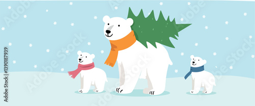 bear family carrying a christmas tree in a snowy winter scene