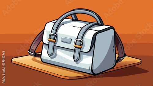 A white bag with a black handle sits on a brown surface