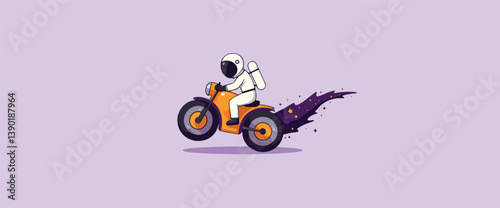 astronaut in a white suit rides an motorbike leaving a cosmic trail.