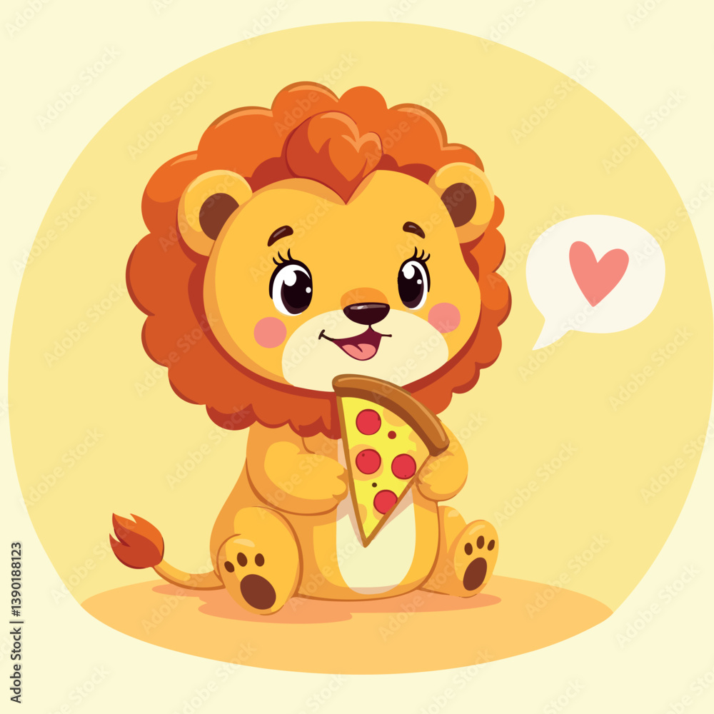 Obraz premium adorable cartoon lion cub happily eating pizza