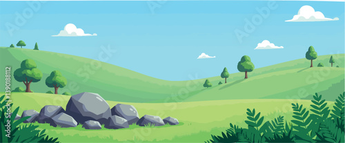picturesque landscape of rolling green under a vibrant blue sky