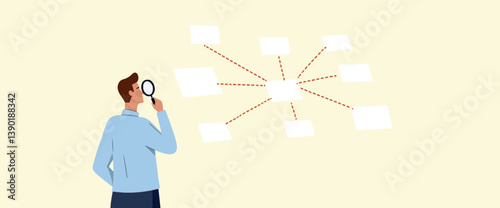 man using a magnifying glass to investigate a complex network of interconnected ideas