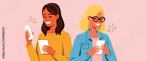 two smiling women using their smartphones conveying happiness and connection