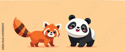 adorable cartoon red panda and panda bear