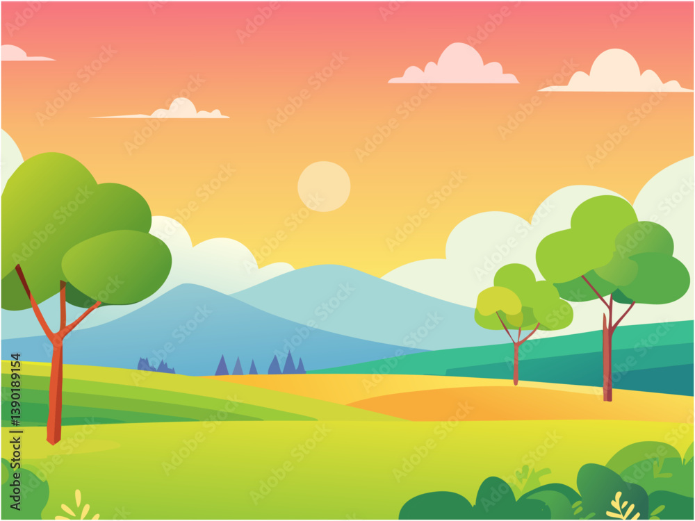 Naklejka premium ほのぼのとした自然の夕焼けの風景をイメージしたポップなテイストの背景素材