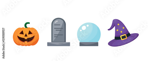 halloween : pumpkin tombstone crystal ball and witch's hat