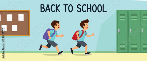 two cheerful schoolboys with backpacks running down a school hallway.